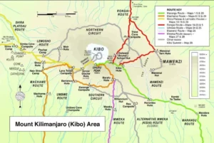 rail map showing different Kilimanjaro climbing routes with colorful path markers and elevation indicators
