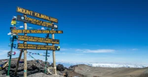 Successful climbers celebrating at Uhuru Peak with the famous Kilimanjaro summit sign and African continent spread below