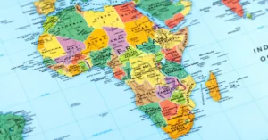 Map of Africa highlighting the safest countries to visit in 2025, including Mauritius, Ghana, Namibia, and Tanzania