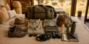 Packing list for a first time private safari in Tanzania, including essentials for wildlife viewing, game drives, and travel comfort.