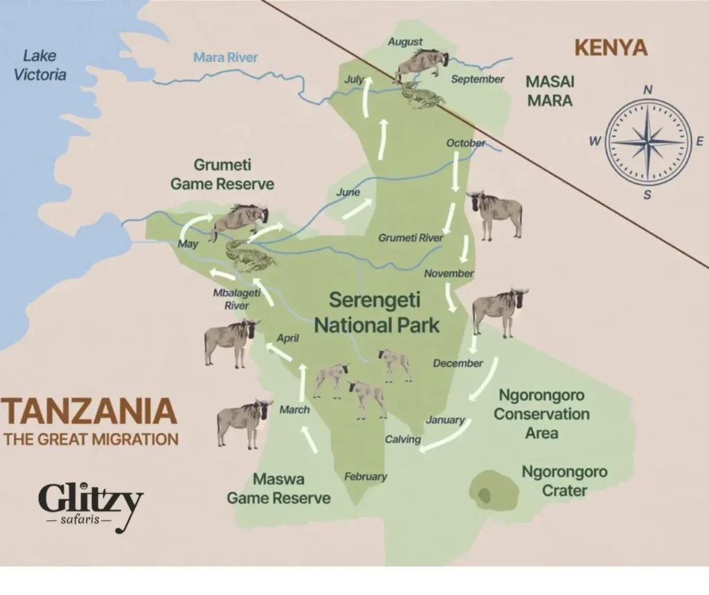 great-wildebeest-migration-map-glitzy safaris