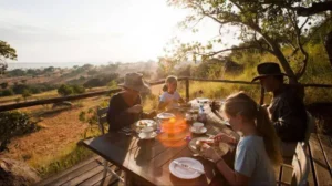 Parents and children dining outdoors at a children-friendly safari Tanzania lodge in the bush